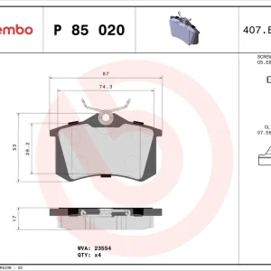 Premium Set placute frana spate Brembo XTRA Line P 85 020X Audi, VW, Skoda, Seat, Ford, Renault, Peugeot Brembo